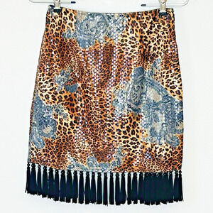 Vtg 90s Y2K Linda Segal Animal Print Skirt Size 2 Mixed Media Black Fringe